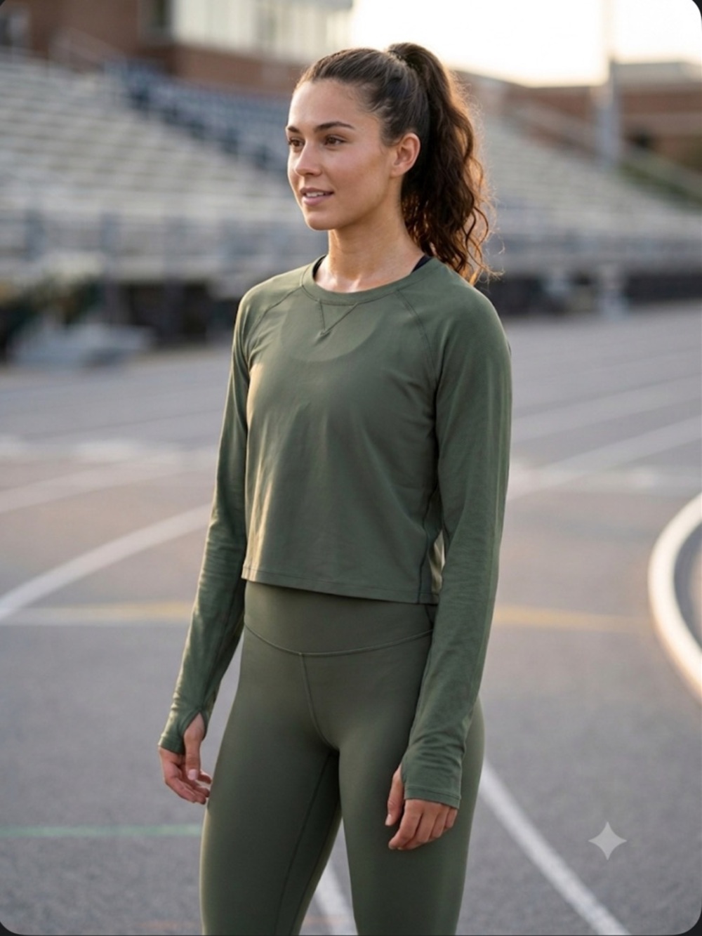Lululemon Dark Olive Mesh Panel Cropped Long Sleeve Top Thumbholes